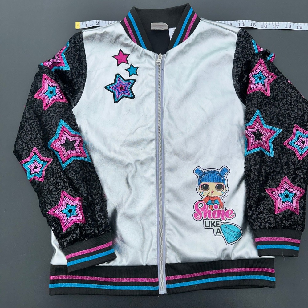LOL Surprise Bomber Jacket Girls 10/12 Silver Sequin Star Shine Excellent